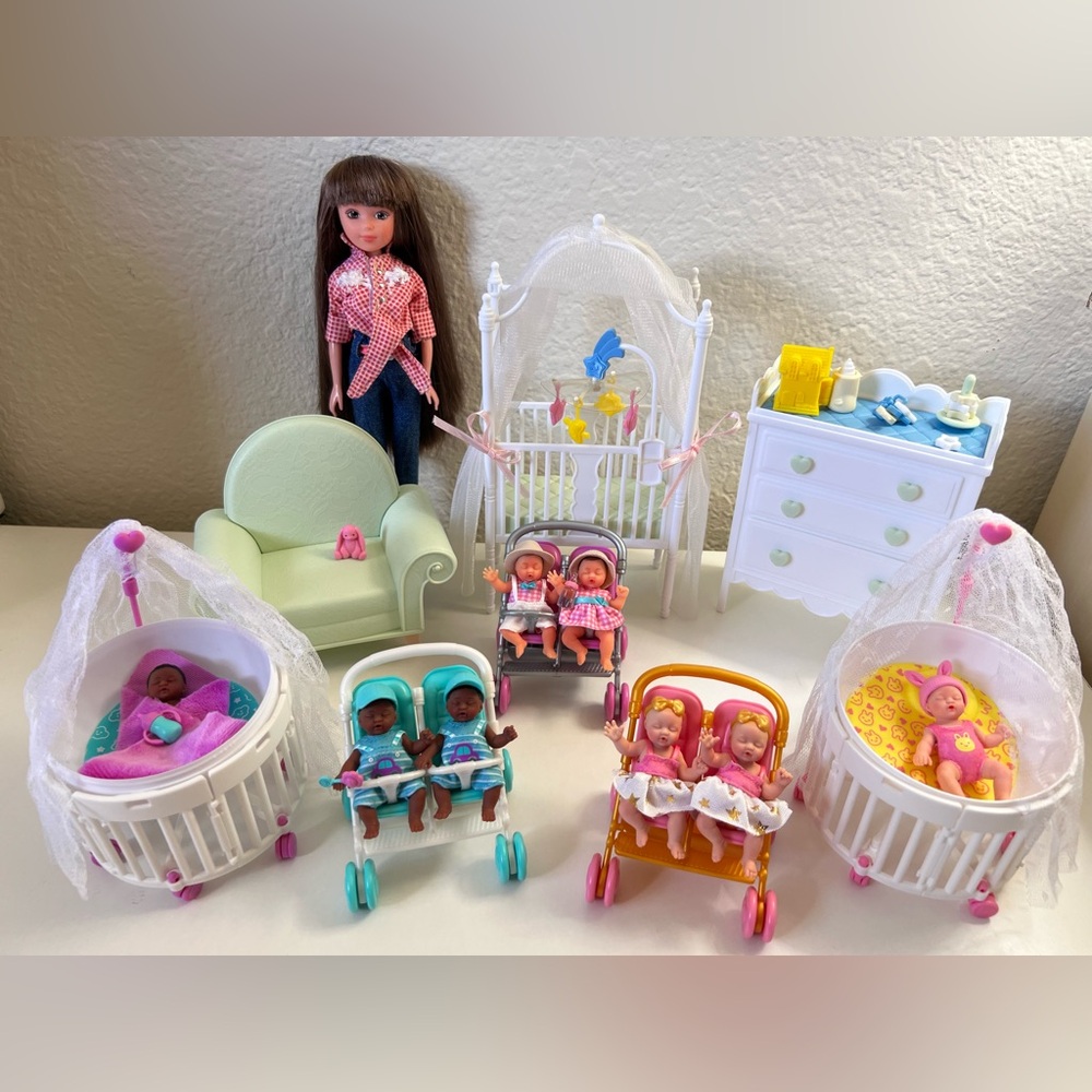 Vintage Barbie Mattel Doll Nursery Set with ZURU Rare Mini Twins Babies